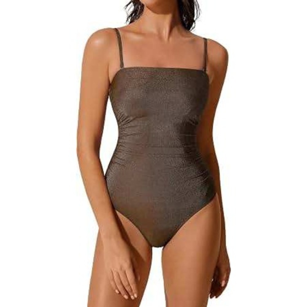 DOULAFASS Sparkly One Piece Swimsuit Bandeau Ruched Tummy Control Bronze Large